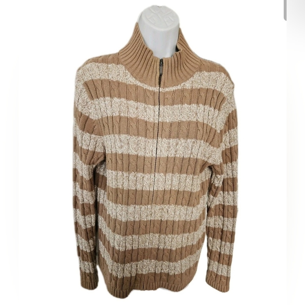 L.L. Bean Striped Cable Knit Full Zip Sweater Tan Cream 100% Cotton Size L
